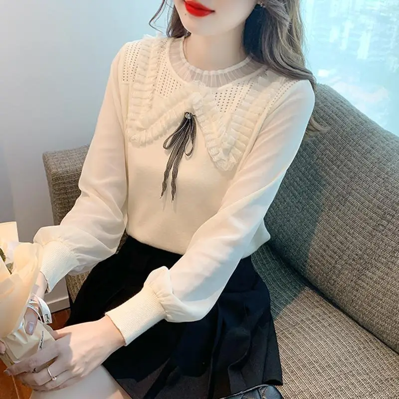 2024 New Spring and Autumn Japanese Sweet and Fresh Long Sleeve Blouse Solid Color Round Neck Spliced Bow Women\'s Shirt Top