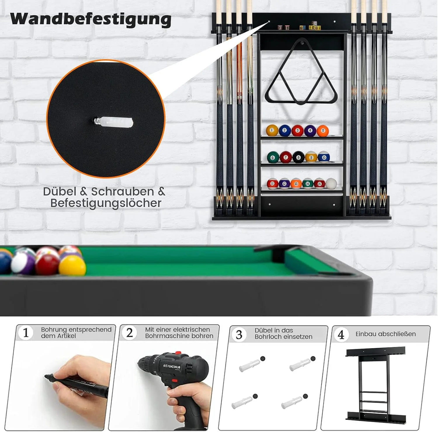 Wandmontierte Billardqueue-Halterung für 8 Queues, 15 Billardkugeln und 1 Queue-Ständer, Kiefernholz – Detail 5