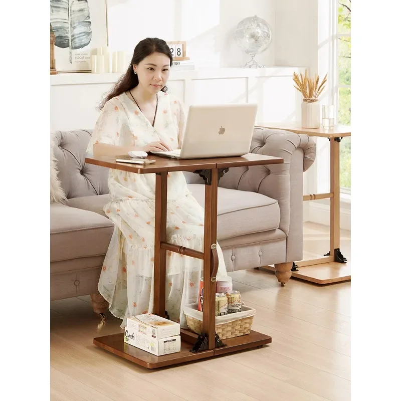 Portable Solid Wood Folding Computer Desk Sofa End Table Bedside Table for Small Spaces with Lockable Wheels