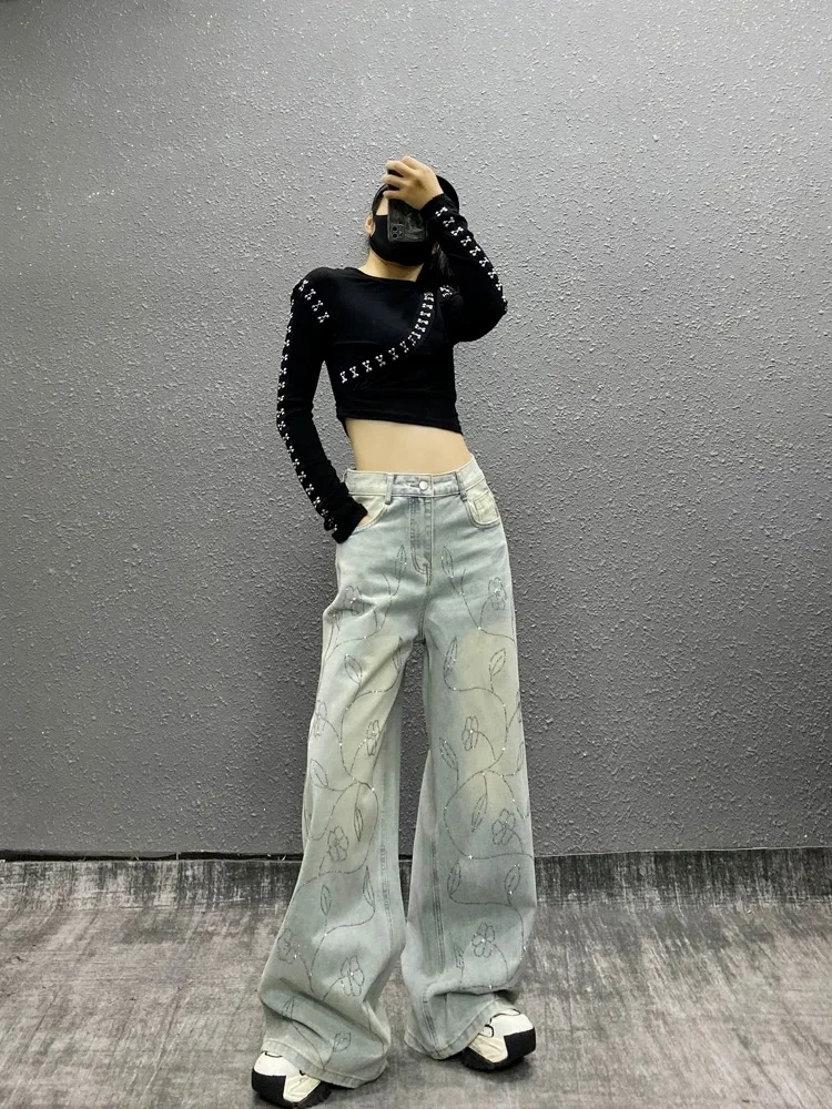 Y2K Wide Leg Jeans Women Shiny Embellished High Waist Loose Straight Floor Length Slimming Autumn