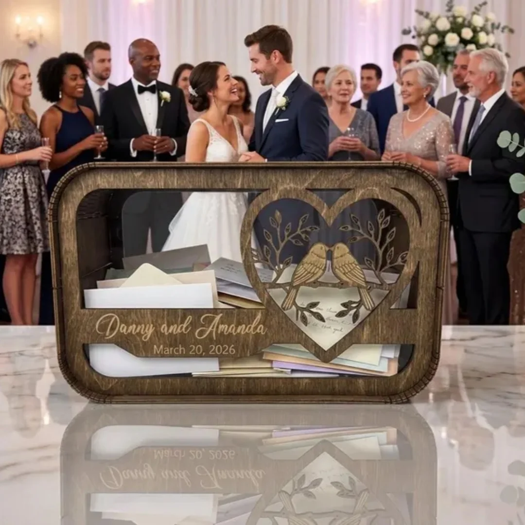 パーソナライズされた結婚式のカードボックス、カスタム名と日付入り木製結婚式の封筒ボックス、素朴な愛の鳥の結婚式の記念品ボックス