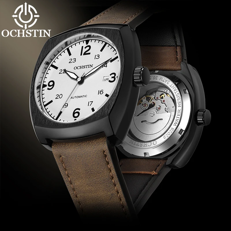 

Механические мужские часы OCHSTIN с автоматической датой, винтажный стиль, квадратный корпус в форме подушки, кожаный ремешок с восковым покрытием, мужские наручные часы Y2K