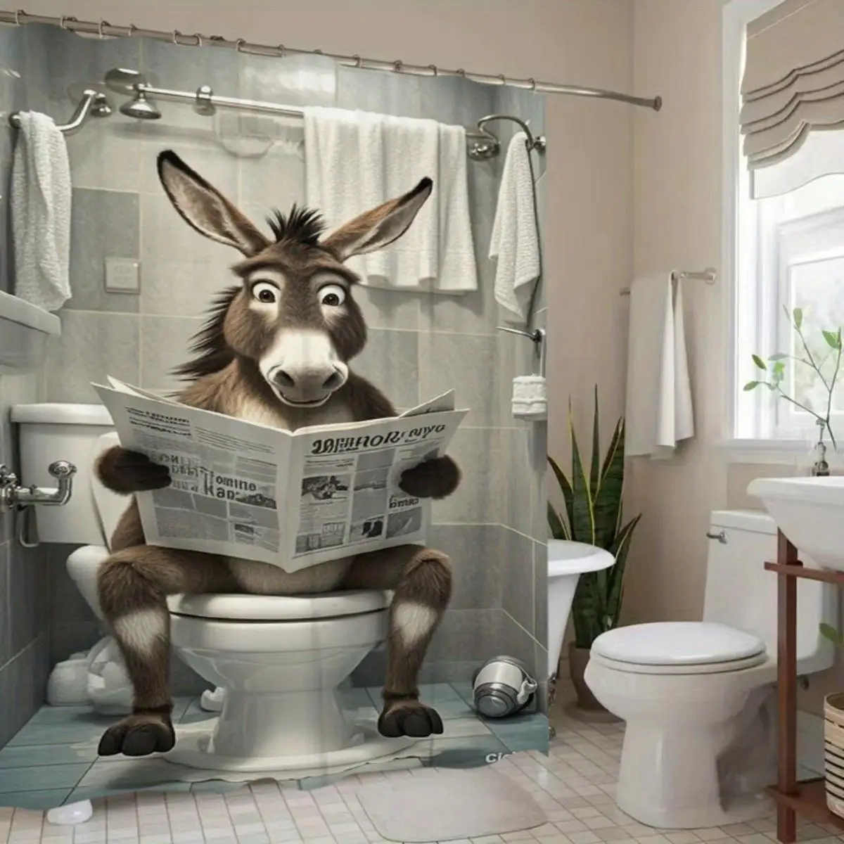

Забавная занавеска для душа с изображением ослика, читающего газету - причудливый декор для ванной комнаты с крючками, установка без сверления, машинная стирка.