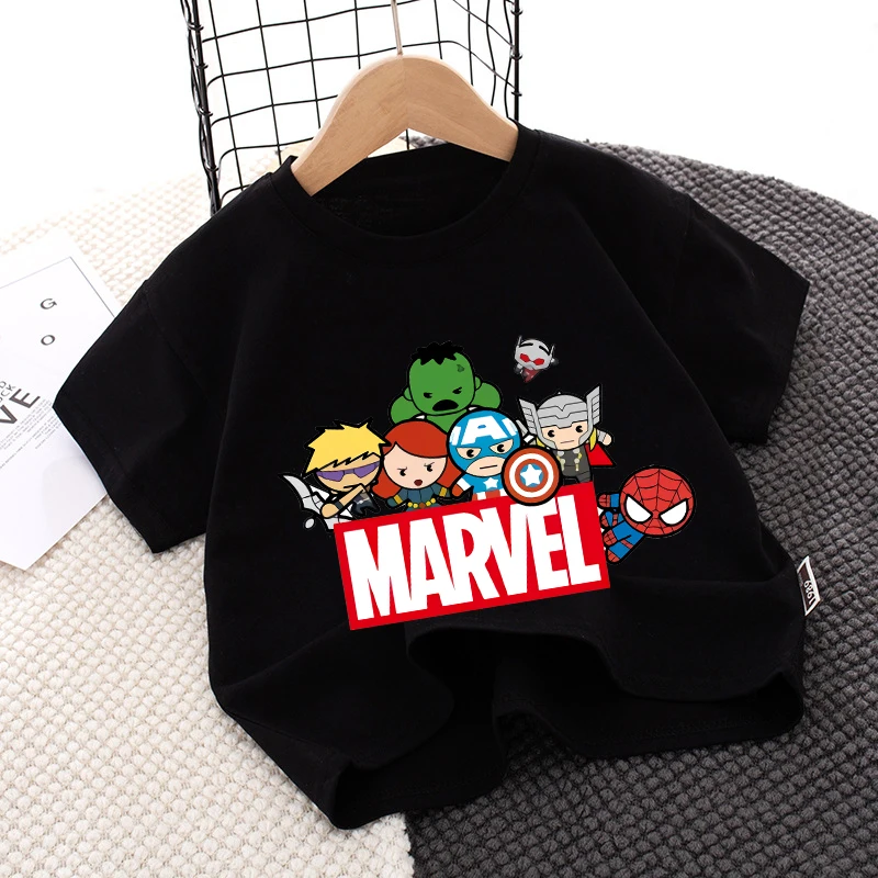 Marvels Avengers 티셔츠 소년 소녀 만화 애니메이션 패턴 반팔 아동 의류 SpiderMans 레저 홈 의류 탑 티