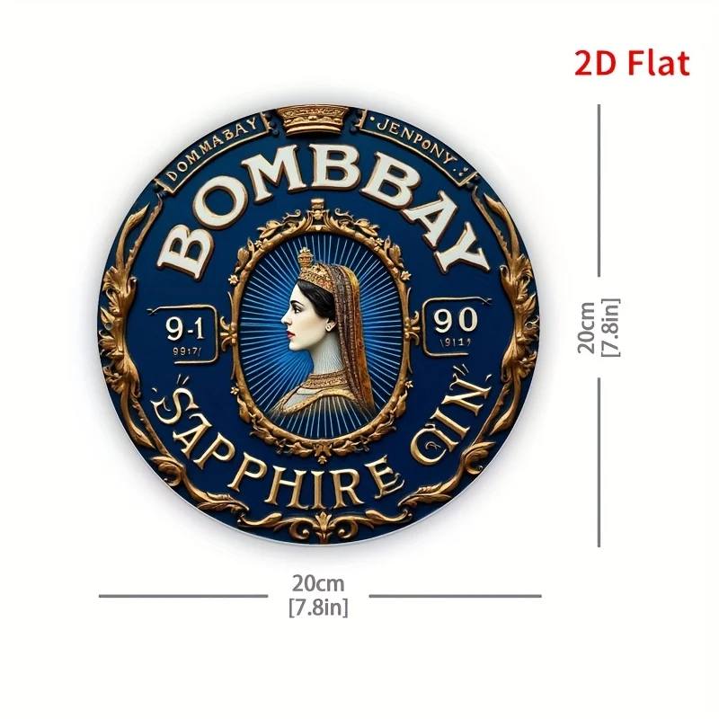 2D Flat, 1pc Vintage Bombay Created-Sapphire Gin Metal Sign - 20.32x20.32cm Aluminum Wall Art with Elegant  & Golden Design, Per