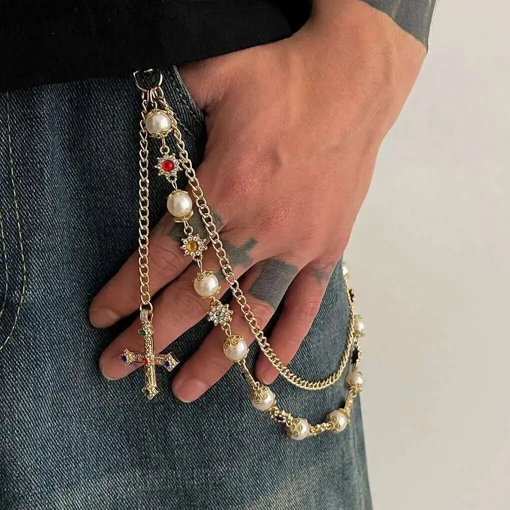 Salircon Punk Exquisiter Kreuz-Strass-Anhänger Schlüsselanhänger für Männer und Frauen, Gothic-Hosenkette, Hip-Hop-Hosenkette, Gürtelkette, Männerschmuck