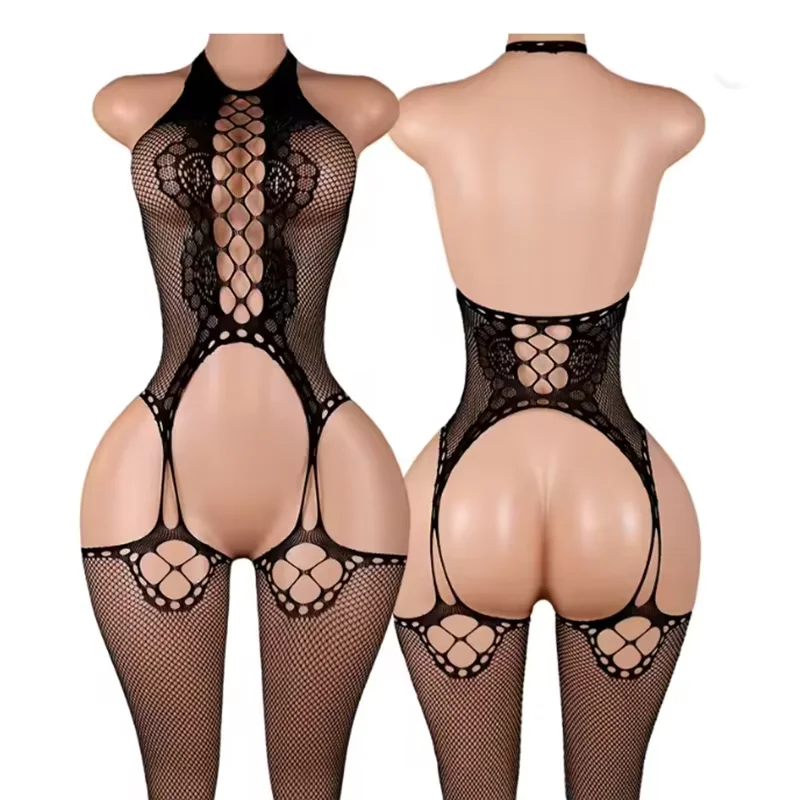 Ultra Hot Crotchless Lingerie Open Bra Erotic Costumes Transparent BodySuits Adults Hanging Neck Bodystockings Fishnet Underwear