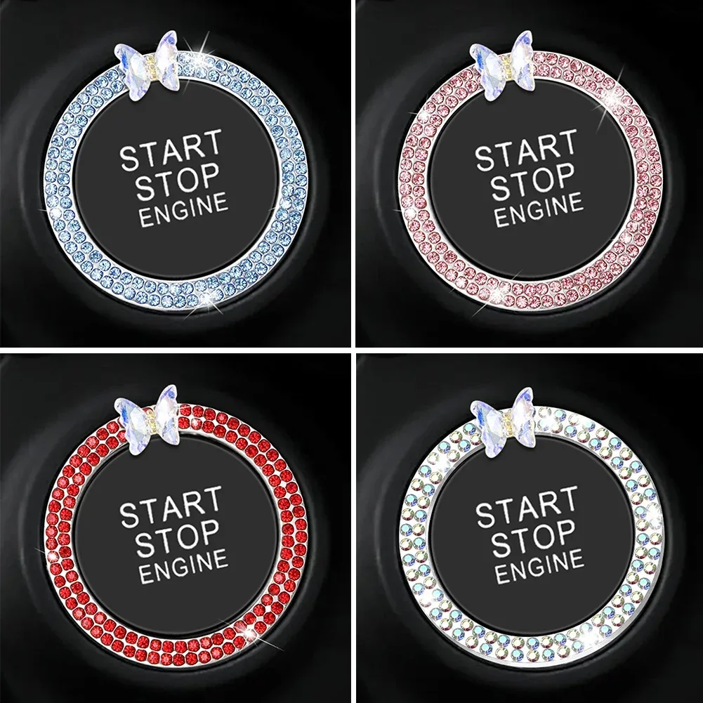 Anti-Corrosion Easy To Install Rhinestone Crystal Butterfly Ring Car Ignition Button Decorative Cover Car Accessories Interior
