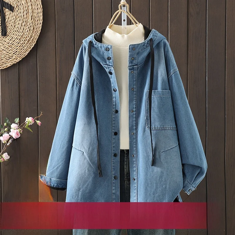 حجم كبير التخسيس Thiened Fce المرأة الدنيم irt Jaet نوعية جيدة طويلة Sve زر واحد ملابس خارجية غير رسمية