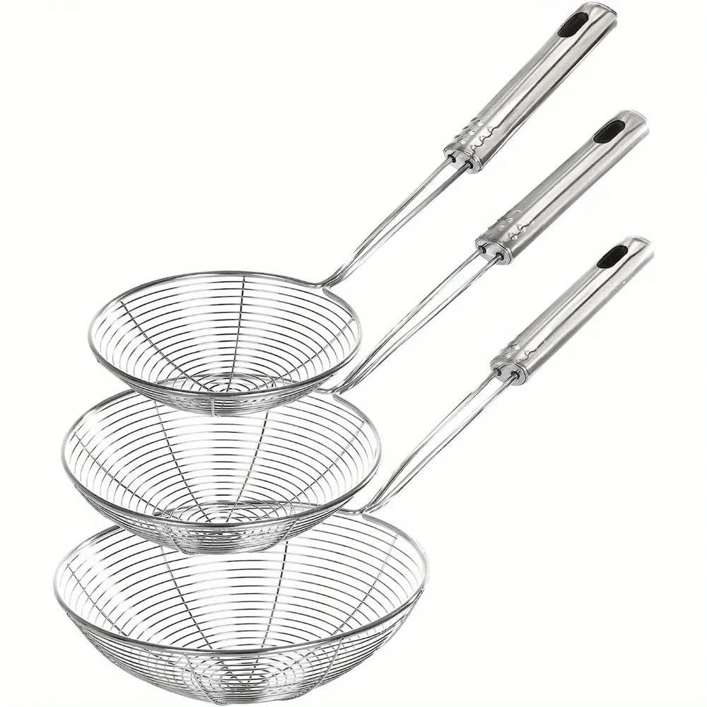 3 Pack, Stainless Steel Sieve Spoon Spider Spoon, Oil Skimmer with Handle for Kitchen Cooking and Frying, Spaghetti