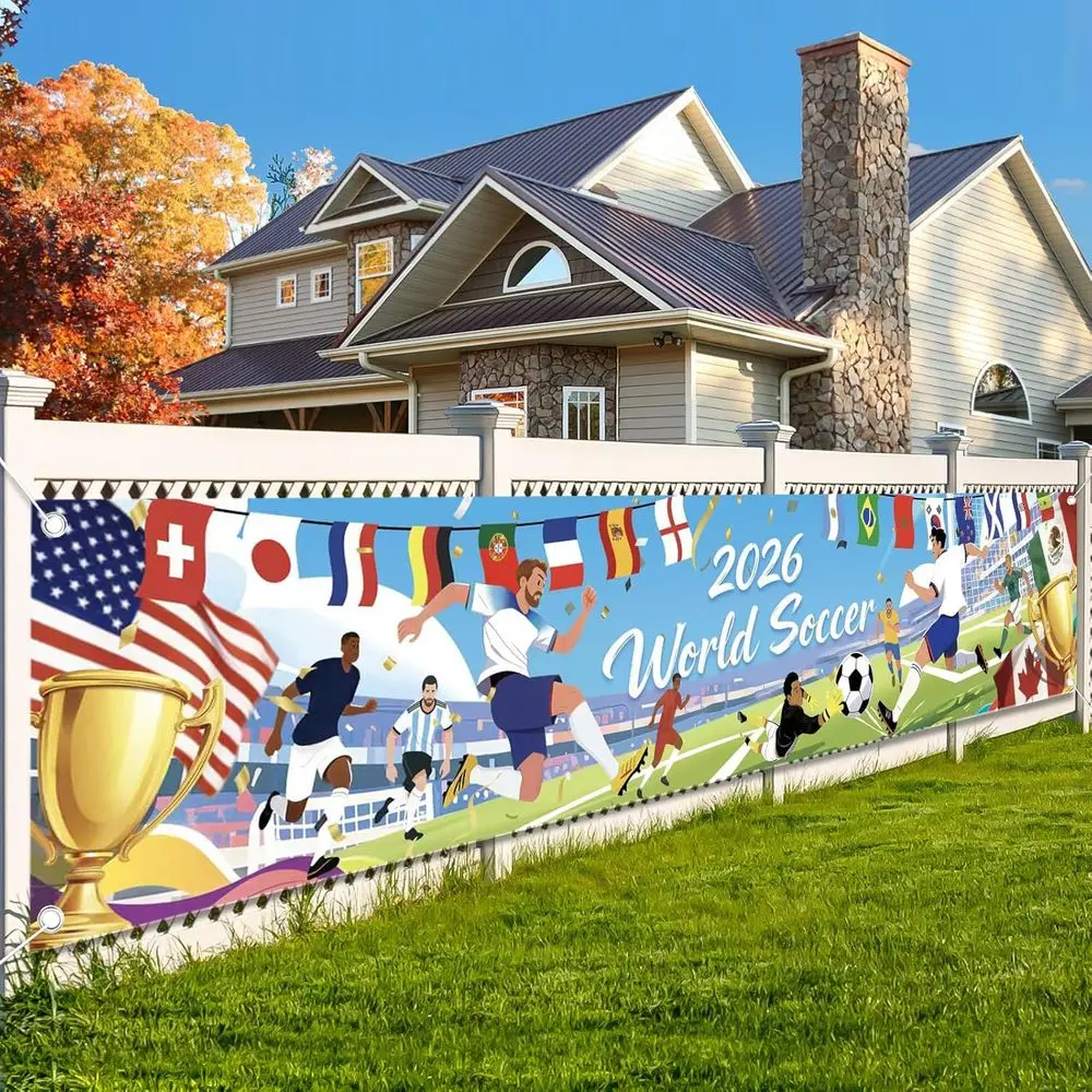 

9.8ft x 2ft Soccer Cup 2026 Banner, Fabric Background for Party, Suitable for Indoor and Outdoor Use
