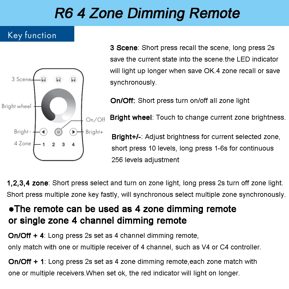 Single Color LED Strip Dimming Kit 12V 24V LED Dimmer 4 Zone Wireless 2.4G RF Touch Wheel Remote Controller Push Switch Dimer