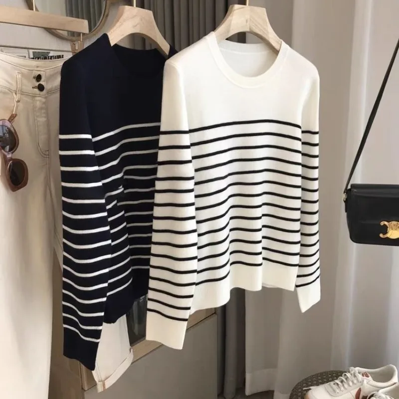 Autumn and Winter Women\'s Pullover Round Neck Stripe Contrast Screw Thread Long Sleeve Sweater Knit Fashion Casual Elegant Tops