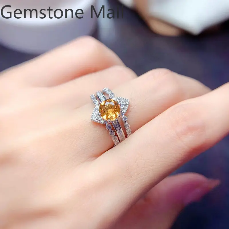 

925 Silver Natural Yellow Crystal Ring New Design 6mm 0.8ct Natural Citrine Jewelry Silver Separable Ring Two Wearing Methods