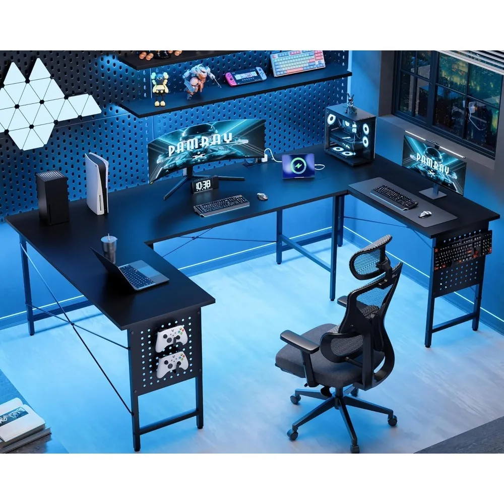 

Large 71 Inch U Shaped Corner Computer Desk with Power Outlets for Home Office Gaming Work Black