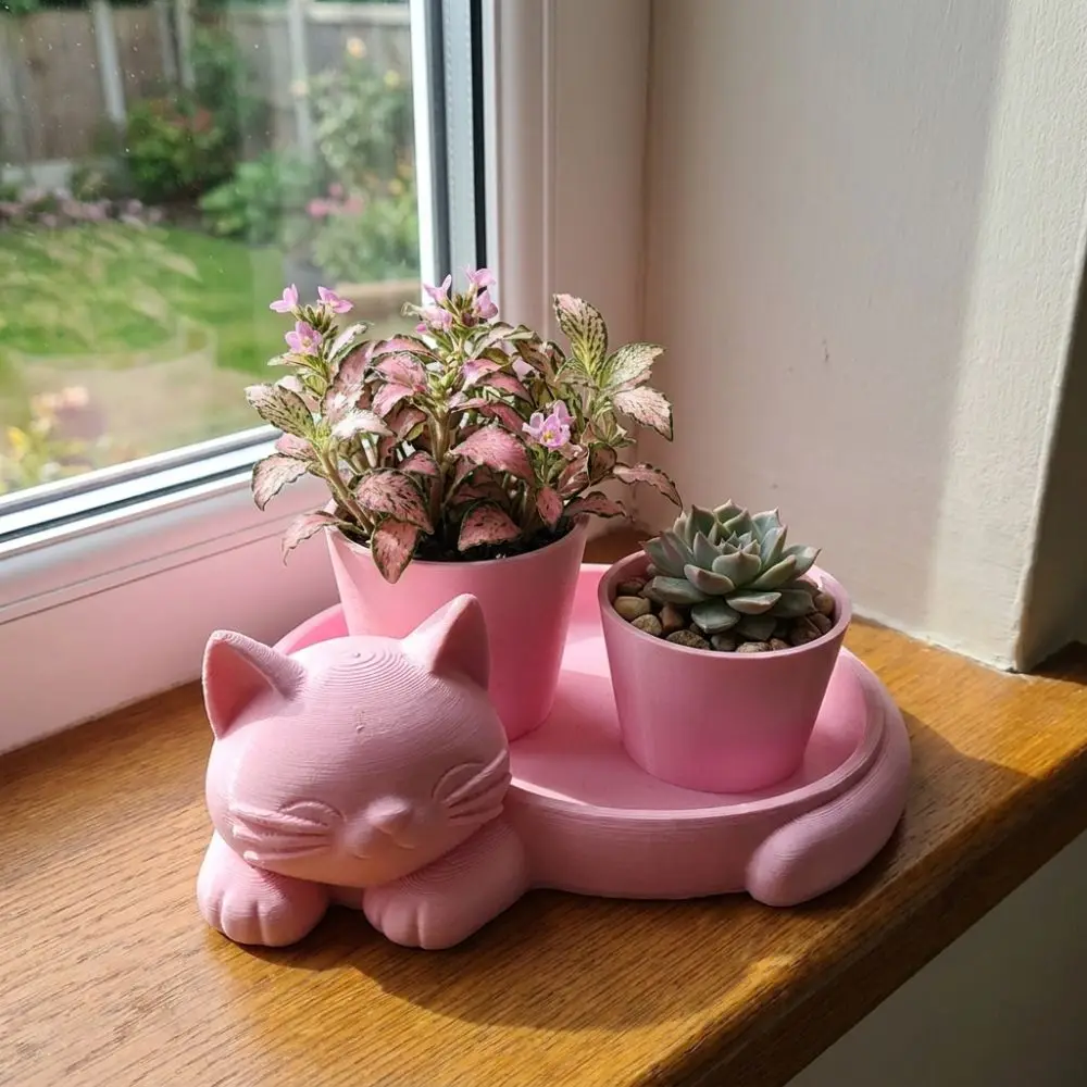 Unique 3D Printed Cat-Shaped Flower Pot Cute Animal Lazy Cat Mini Potted Plant Plastic Novelty Jewelry Tray Indoor/Outdoor Use