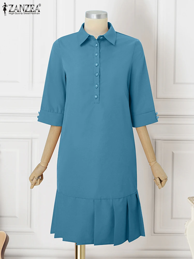 2025ZANZEA Vrouwen Zomer Shirt Jurk 3/4 Mouw Effen Kleur Knielange Zonnejurk Casual Losse Knoppen Party OL Elegante vestidos