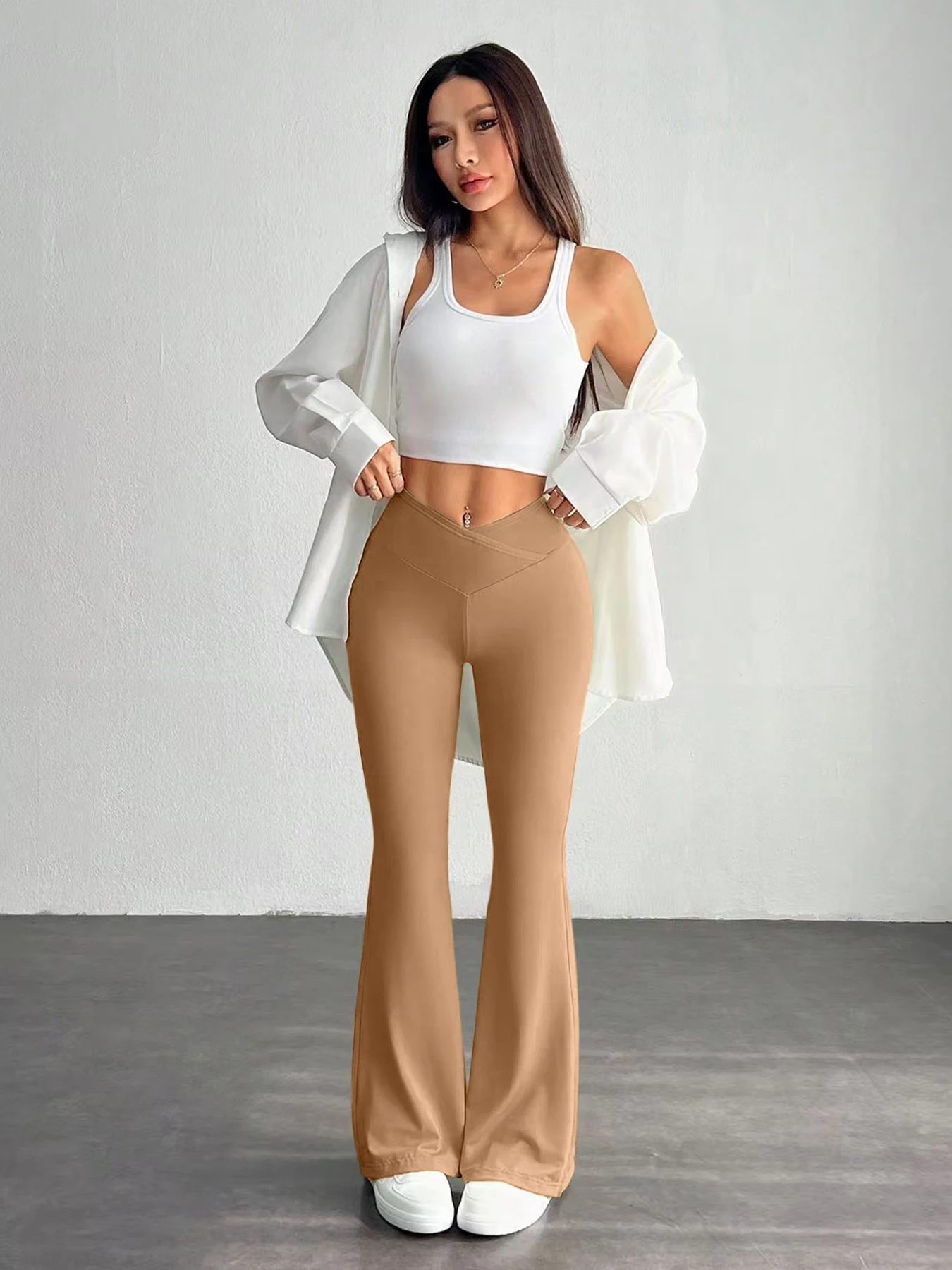 Autumn Nude-Colored High-Waisted Cross V-Shaped Waistband Flared Pants Women's Slim-Fit Yoga Fitness Long Pants with Asymmetrica
