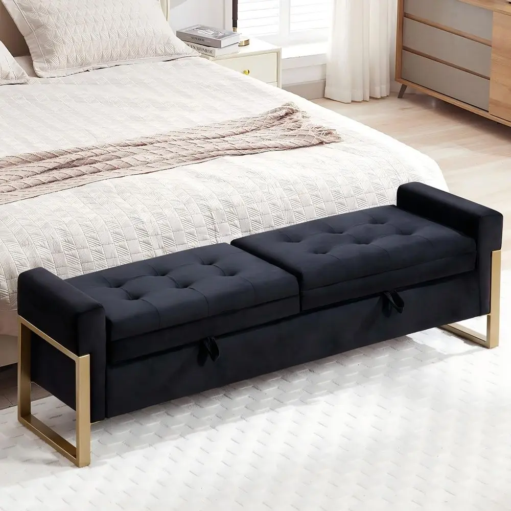 

End of Bed Storage Bench for Bedroom King Size, Double Lids Storage Ottoman Bench with Golden Legs, Velvet Bed Bench for Living