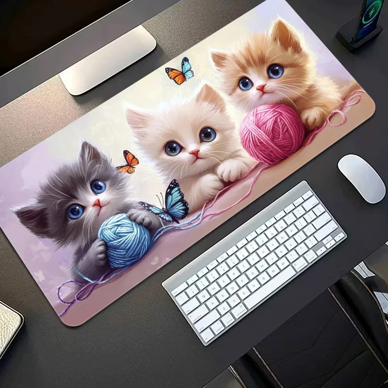 Cute Animal XXL Desk Mat Fluffy Kittens Yarn Ball & Butterfly Gaming Mouse Pad Non-Slip Base Stitched Edge Perfect Gift