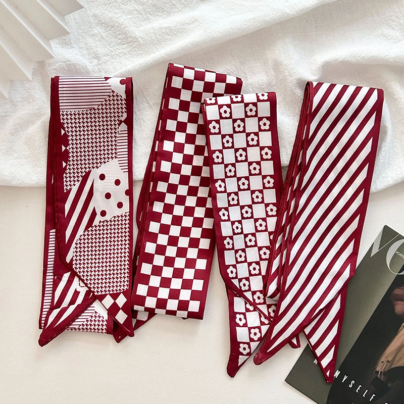 2025 New Luxury Brand Scarf Red Stripe Printing Women Scarf Bag Hair Skinny Silk Scarves Lady Foulard Neckerchief Headband