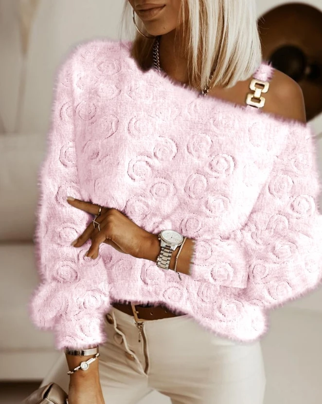 Elegant ผู้หญิงเซ็กซี่เสื้อหลวม 2023 ฤดูใบไม้ผลิฤดูหนาวหนึ่งไหล่แขนยาวรูปแบบดอกไม้ Fuzzy ไหล่เย็นด้านบน