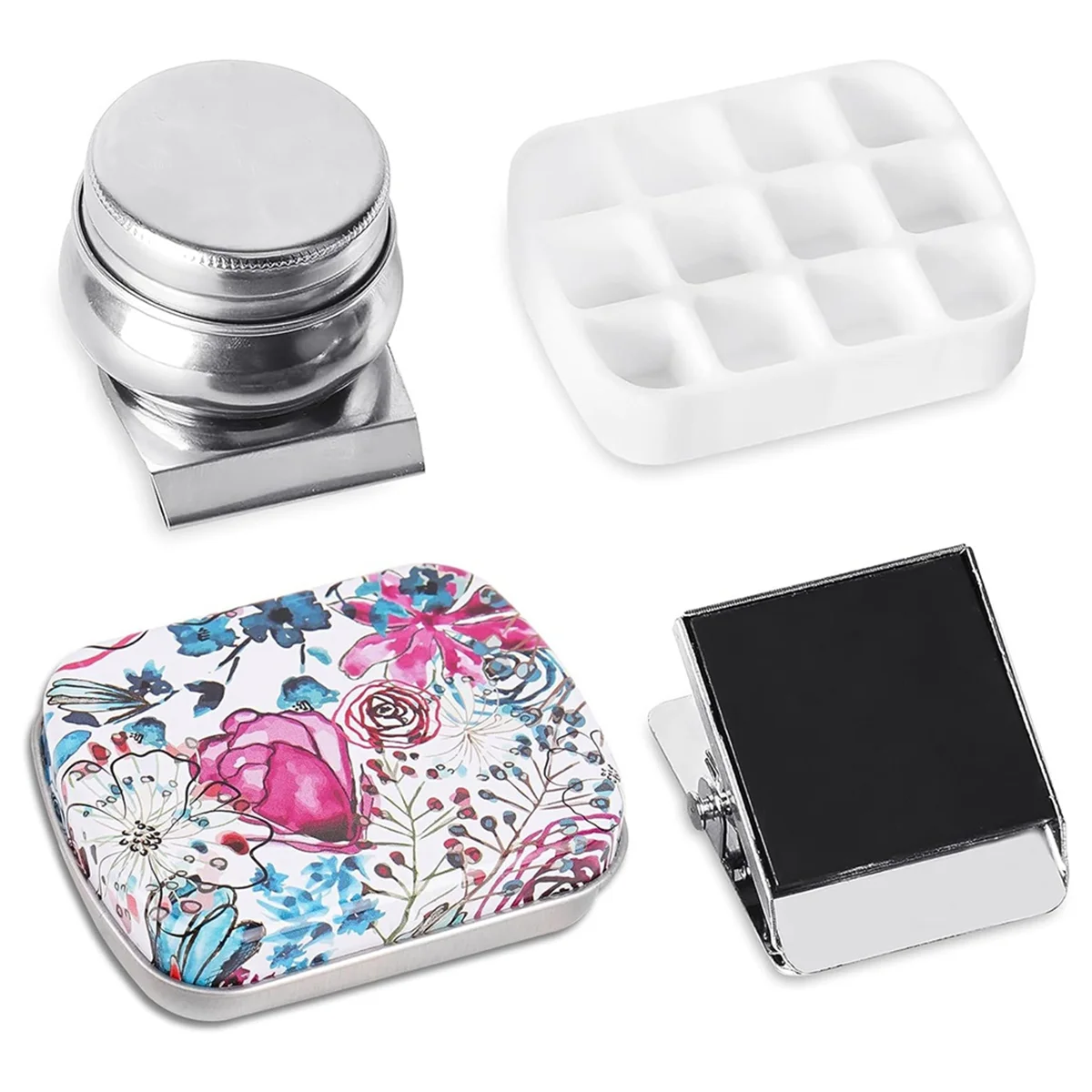 Portable Mini Tin Box,12-Well Empty Watercolor Palette,Small Paint Storage Kits with Magnetic Clip and Oil Pot, B