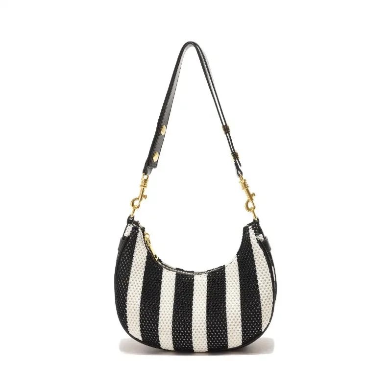 2024 New Black White Color Contrast Stripes Women\'s Half Moon Hobo Bag Fashion Woven Armpit Bag Daily Commute Shoulder Bag 2024