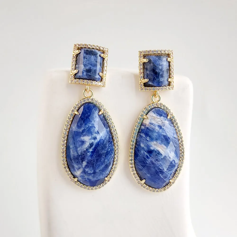 FUWO 1 Pairs Natural Blue Agate Teardrop Earrings,Zircon Border Earring Luxury Elegant For Women Jewelry Gife ER007-3