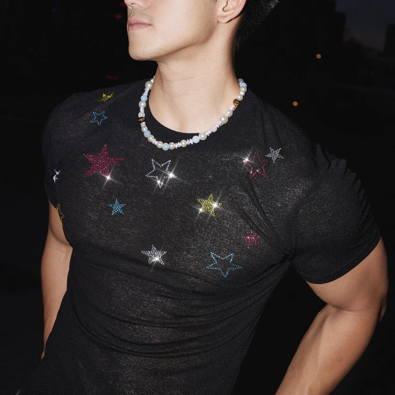 Male 2025 Summer New Original Fashion Tees Hot Diamond Five-pointed Star Design Tops Round Neck Short Sleeve Slimming T-Shirts