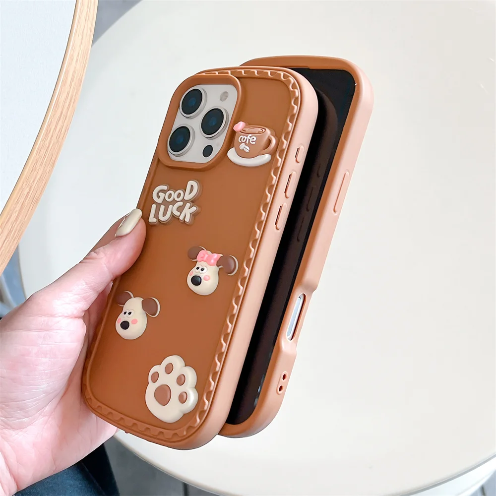 آيفون 16 15 14 13 12 برو ماكس زائد الغبار شحن ميناء قضية الهاتف الخليوي ثلاثية الأبعاد براون الكلب القهوة البصمة الغطاء الواقي