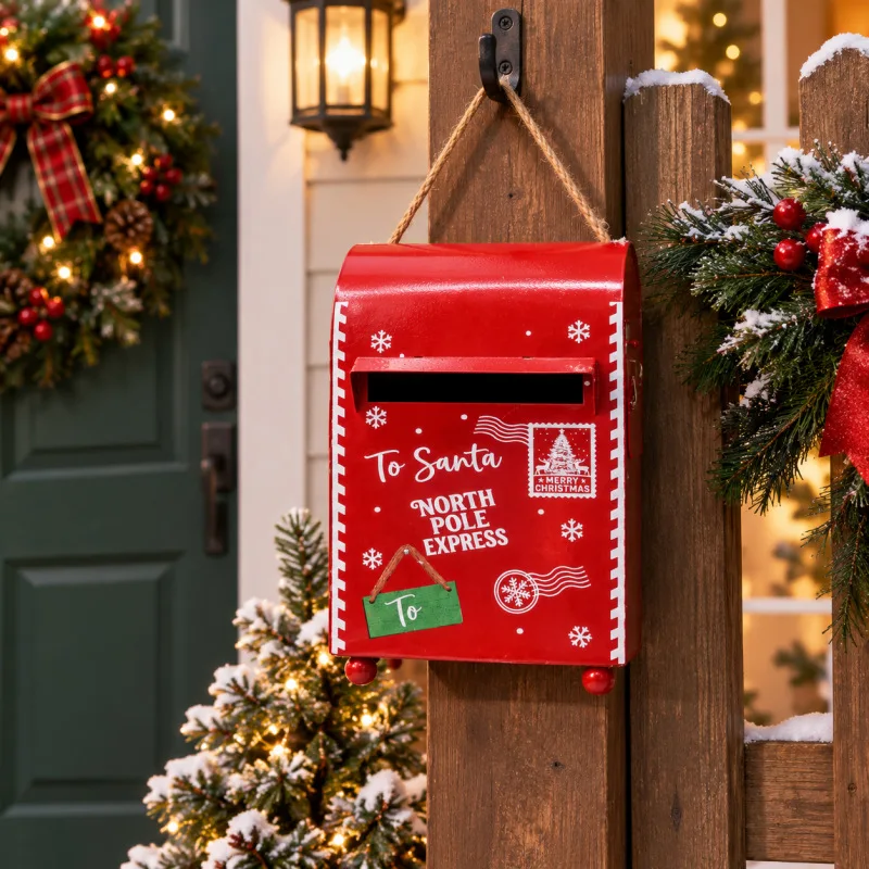 Wooden Cottage Style Iron Mailbox Christmas Decoration Holiday Letterbox Ornament for Front Door Porch Cafe Shop Entry Display