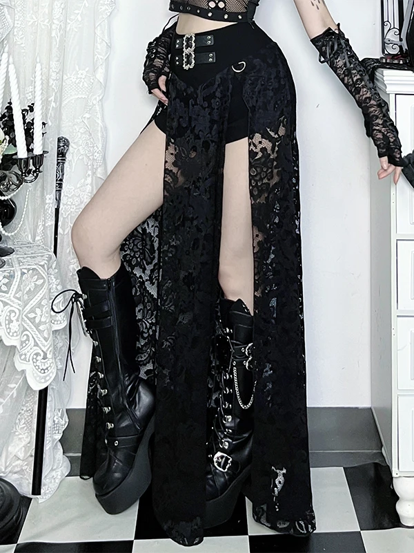 Personality Temperament Halloween Dark Sexy Lace Cosplay Skirts Spring Autumn New Fashion Elegant Versatile Black Split Skirt