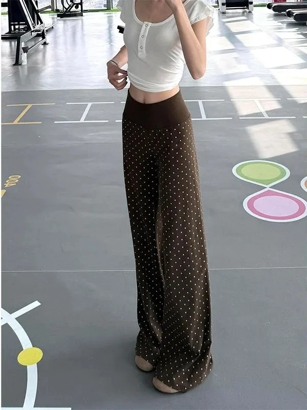High Waist American Polka Dot Print Wide Leg Pants Women Summer Loose Casual Long Pants Coffee Straight Leg Trousers