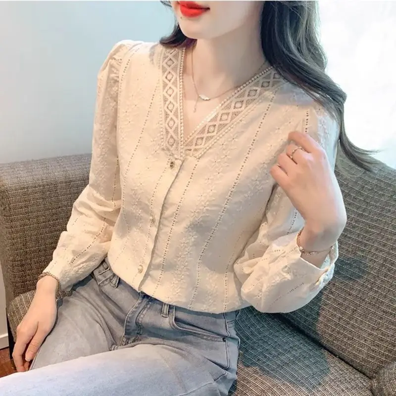 French Lace Embroidered Autumn Woman Trend V-neck Elegant Chiffon 2024 New Female Loose Slim Casual Top Fairyism Leisure Fashion