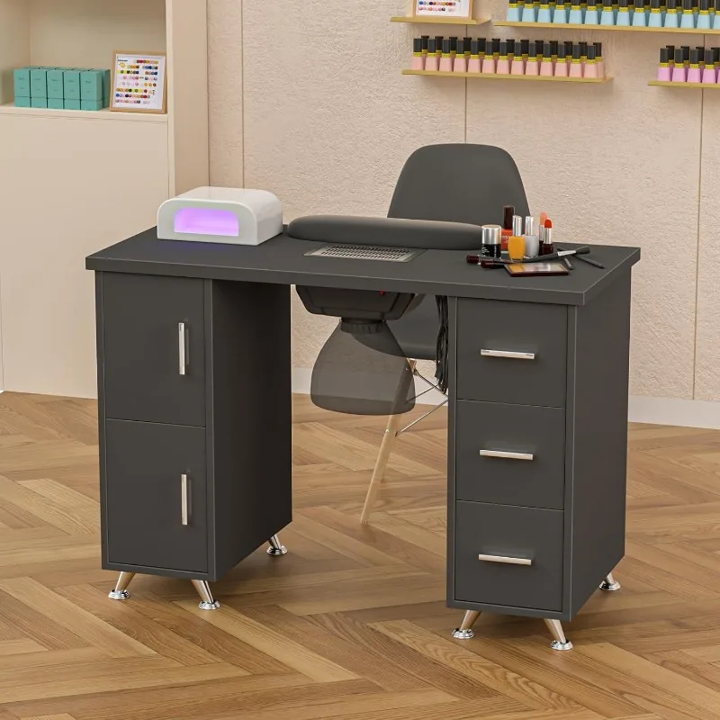 Manicure Table Nail Desk Station with Golden Handles Nail Tech Desk Acetone Resistant Table for Tech