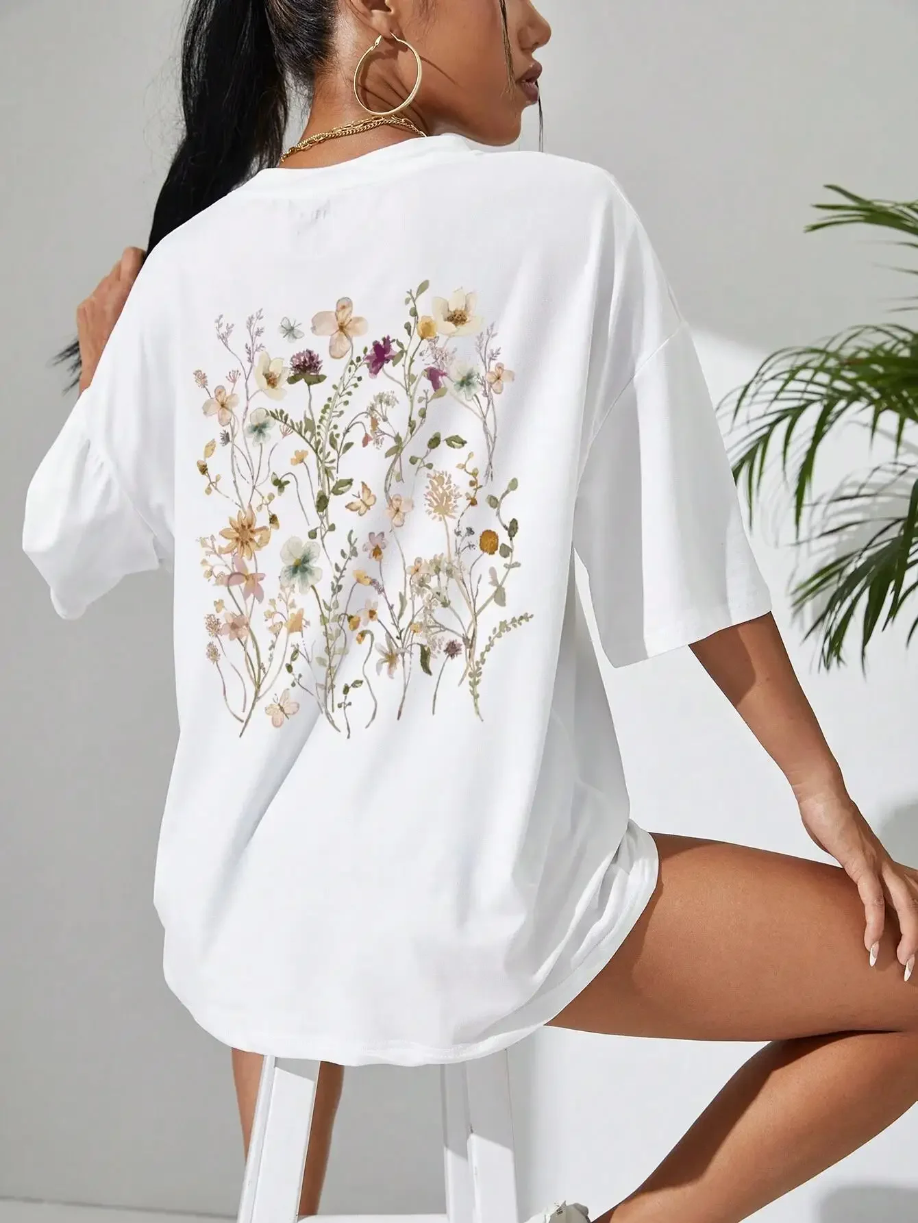 Fashionable American Ins Beautiful Flower Cluster Printed Cotton Women T-shirt Casual Breathable Soft Comfortable Street Clothes