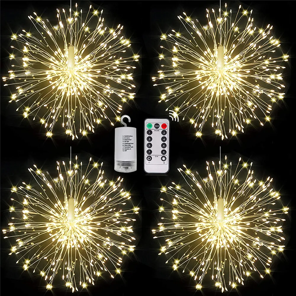 Lumières de feu d\'artifice à 200 LED, fil de cuivre, lumière agitée par étoiles, 8 modes, lumières de sphère d\'étoile dégradées, décorations à