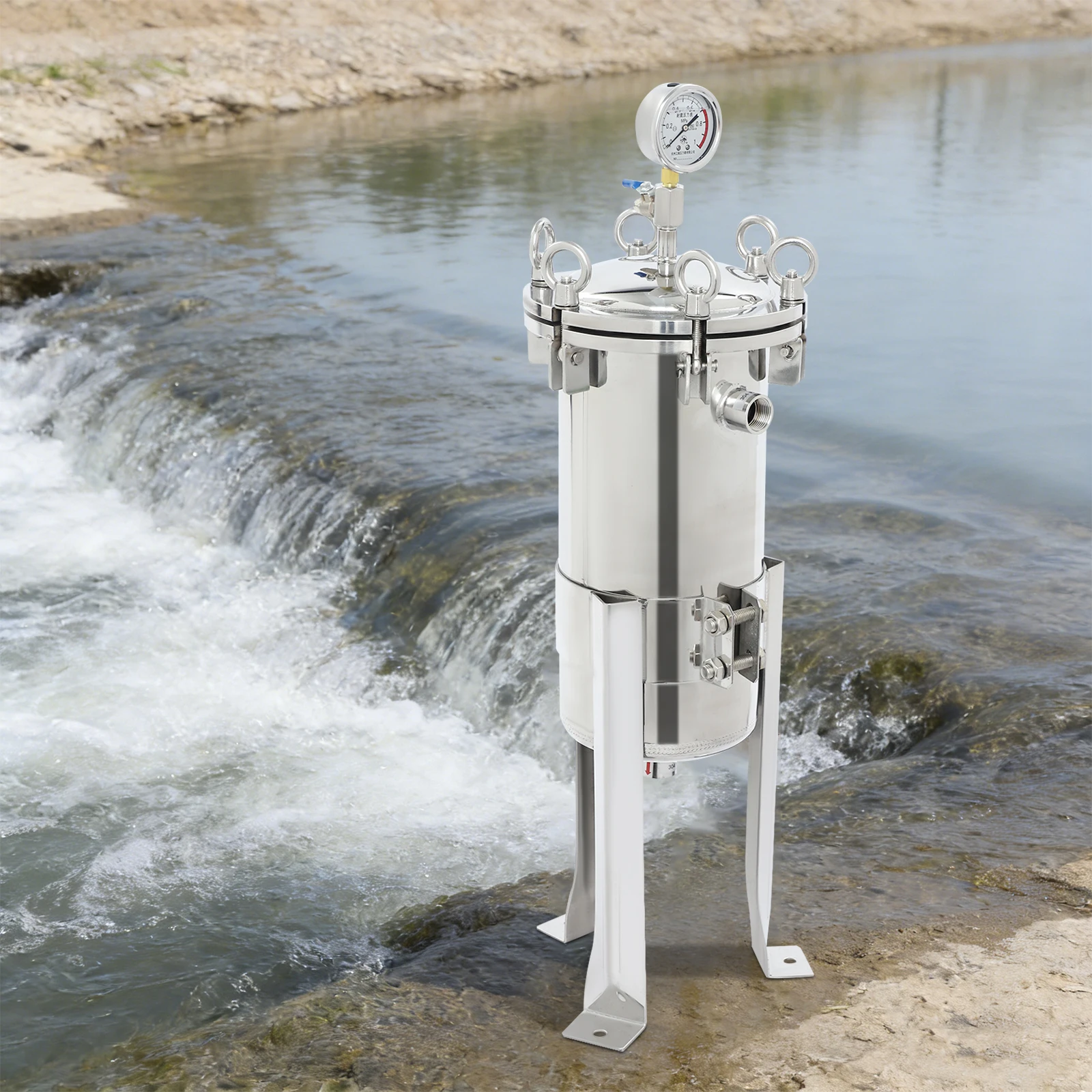 Filtre à sac en acier inoxydable 304, boîtier de filtration liquide industriel 6 tonnes/h avec manomètre, sac filtrant 5μm, entrée/sortie NPT 3/4 ", pieds réglables, système de filtration eau/huile pour boissons et encre