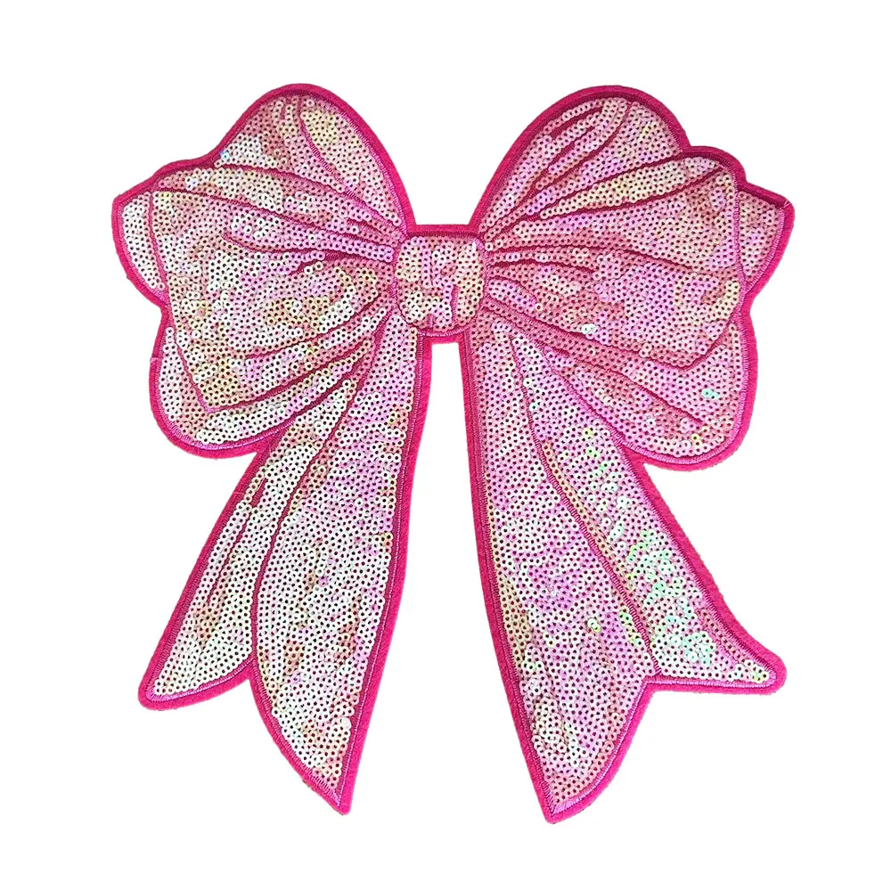 Einteilige glitzernde rosa Schleife mit Paspelkante, Stickerei-Patch, große DIY-Aufbügel-Applikation für die Dekoration von mädchenhaften Kleidung
