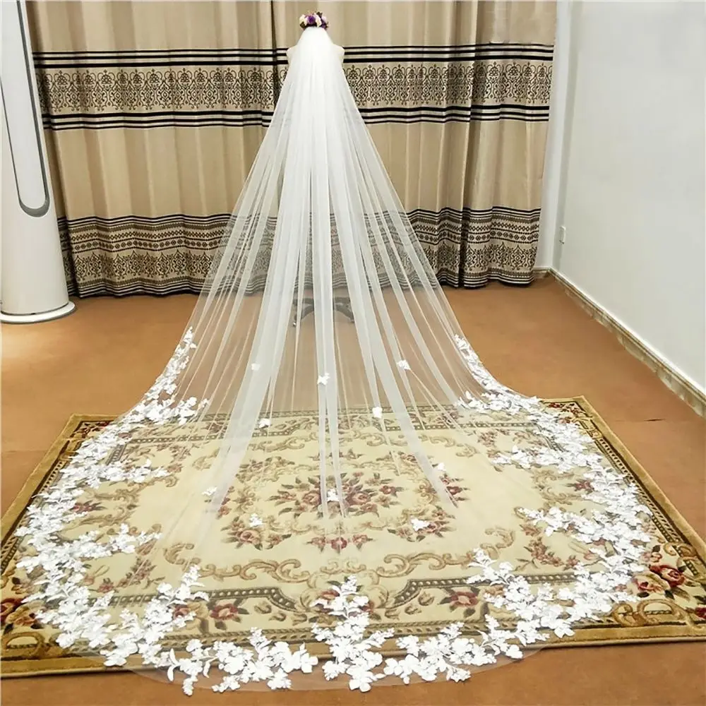 Simple Lace Wedding Veils With Comb 3M Long Cathedral Bridal Veils Tulle Exquisite Appliques Sparkly Custom Made