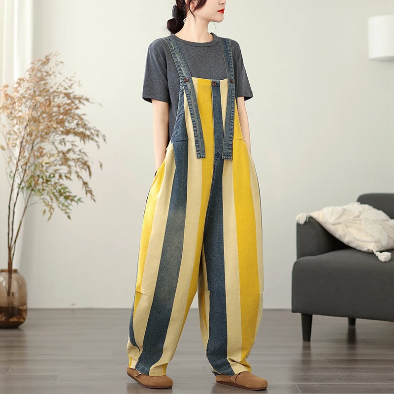 

Casual Striped Denim Overalls Women's Thin Model l Waist Nine Points Pants Spring Autumn Season Regular Thin