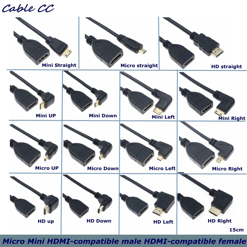 15cm HDMI-Compatible Male to Female Adapter Mini Micro D Type 90 Degree Right Angle Male to HDTV AF Extension Cable for HD Video