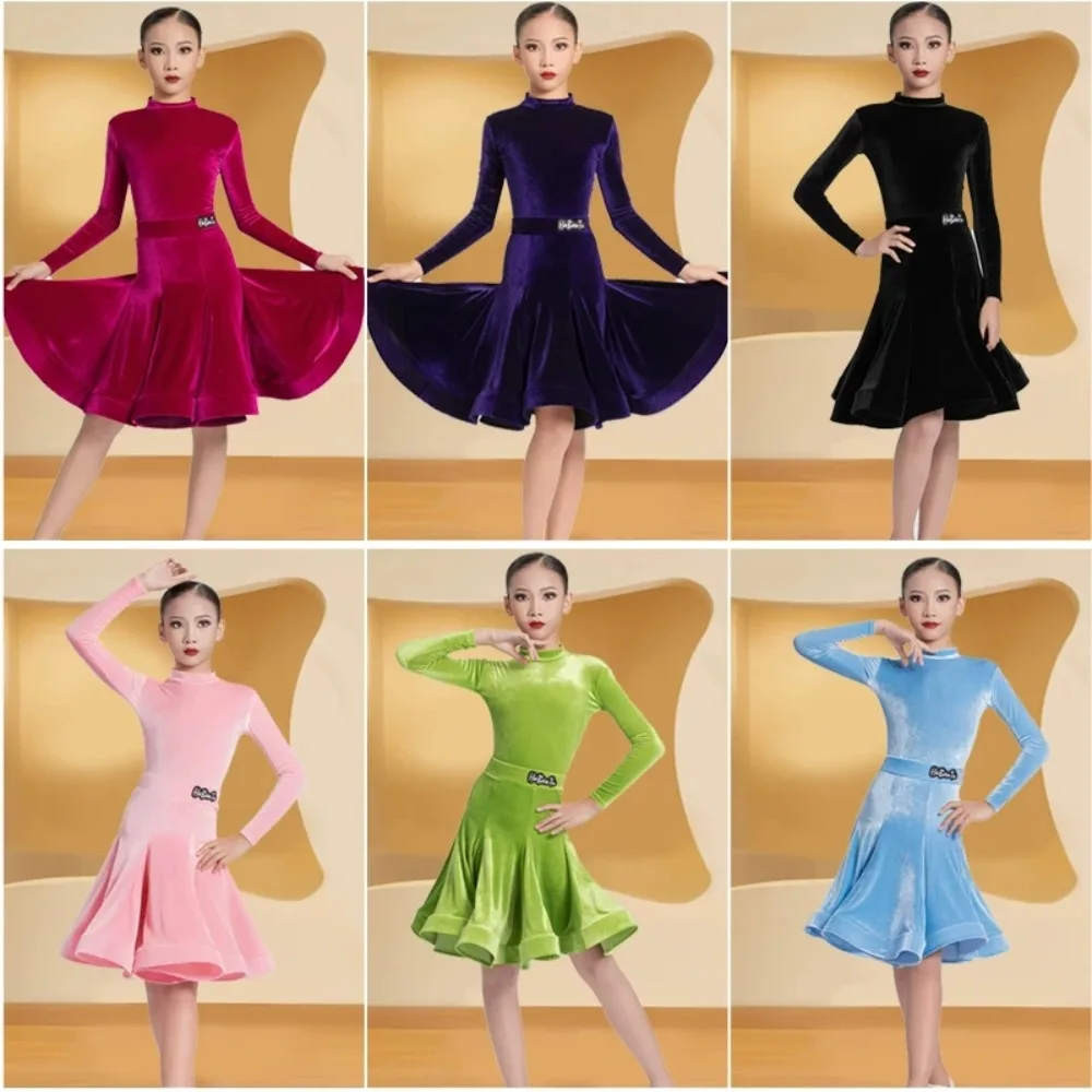 

Children Girls Latin Dance Training ClothesAutumn and WinterLong sleeved Latin Dance Skirt Stage Performance Competition Clothes