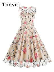 Tonval Elegant Birthday Party Dress Luxury Women Floral Embroidered Mesh Sleeveless Keyhole Back Vintage Midi Dresses