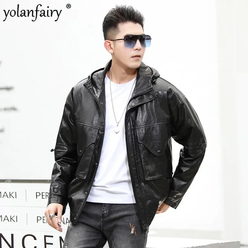 Genuine Leather Jacket Men's Goatskin Coat Dropped Shoulder Loose Leather Down Jackets for Men Hooded Short Winter Coats Male FC