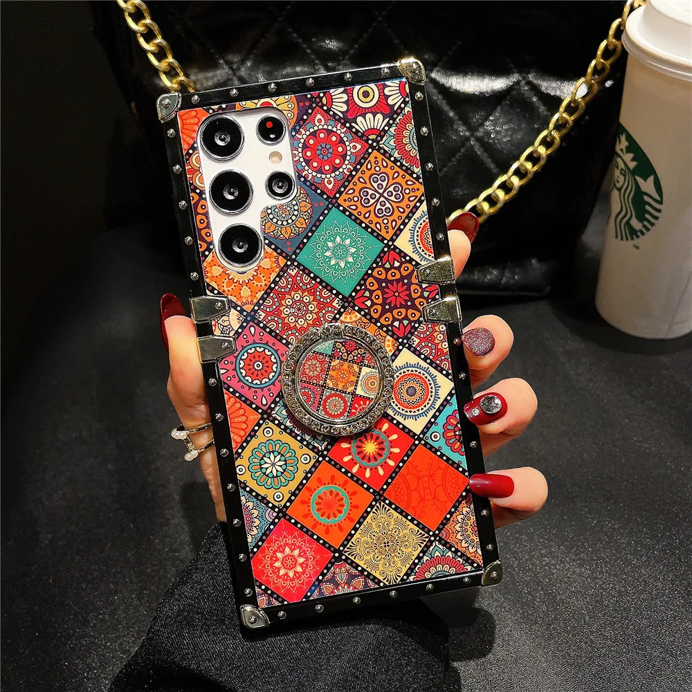 Fashion Retro Flower Pattern Plaid Cover For Samsung Galaxy 22 Plus Geometric Phone Case For Samsung Galaxy S22 Ultra