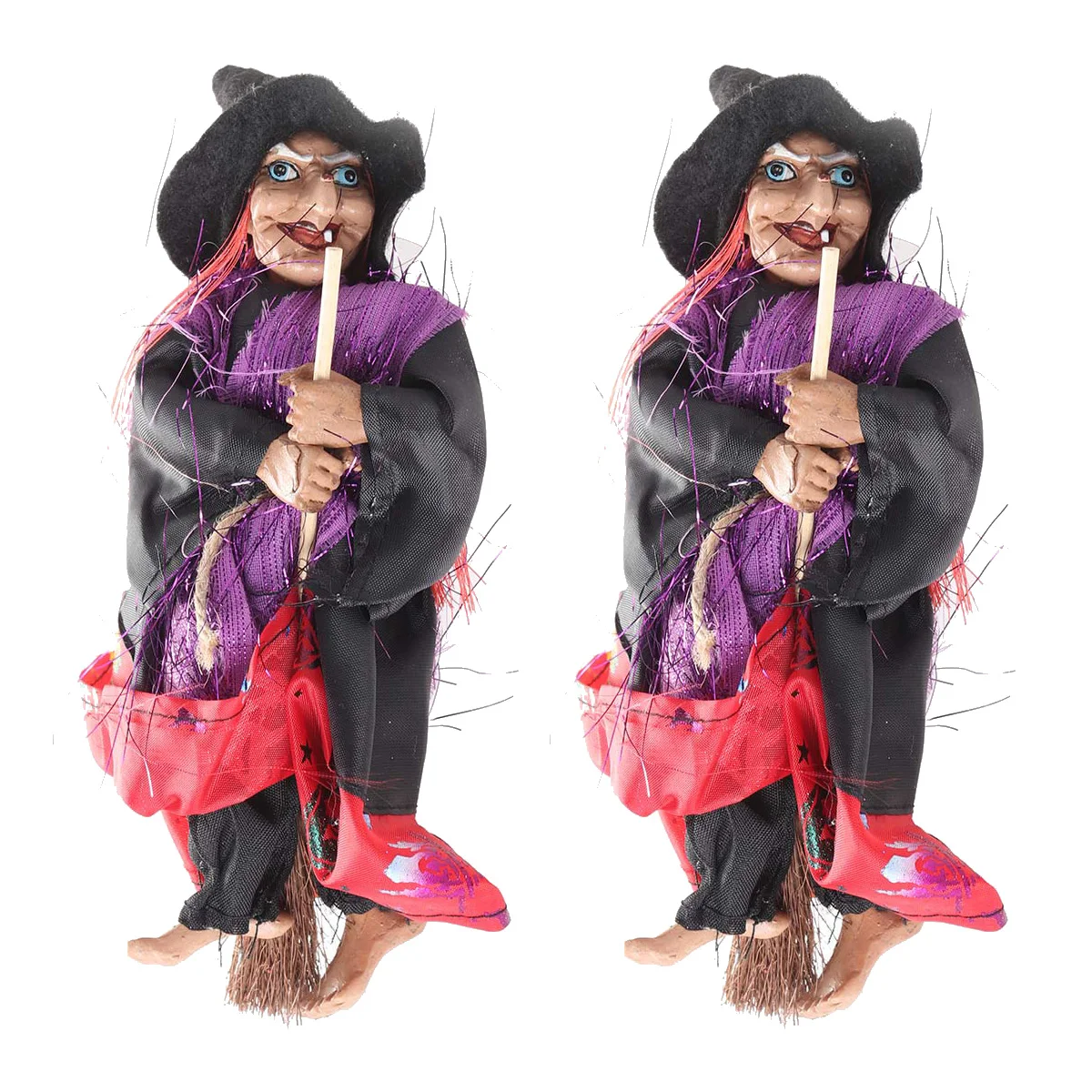 

2pcs Retro Witch On Broomstick Hanging Halloween Decoration Resin Flying Witch For Door Wall Garden Party Decor Animated Horror