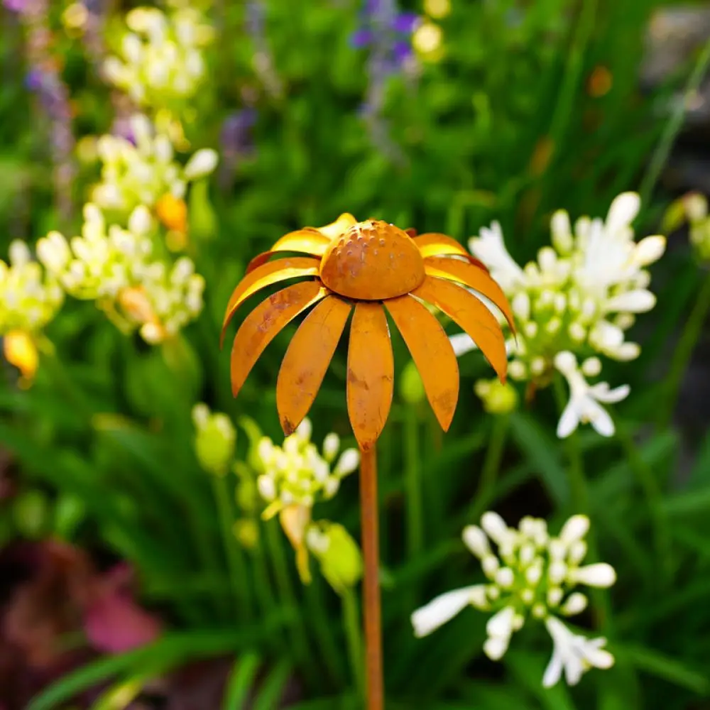 Rustic Echinacea Flower Garden Stake Metal Yard Art Decoration Lawn Ornament Outdoor Plant Sculpture Decorative Insert