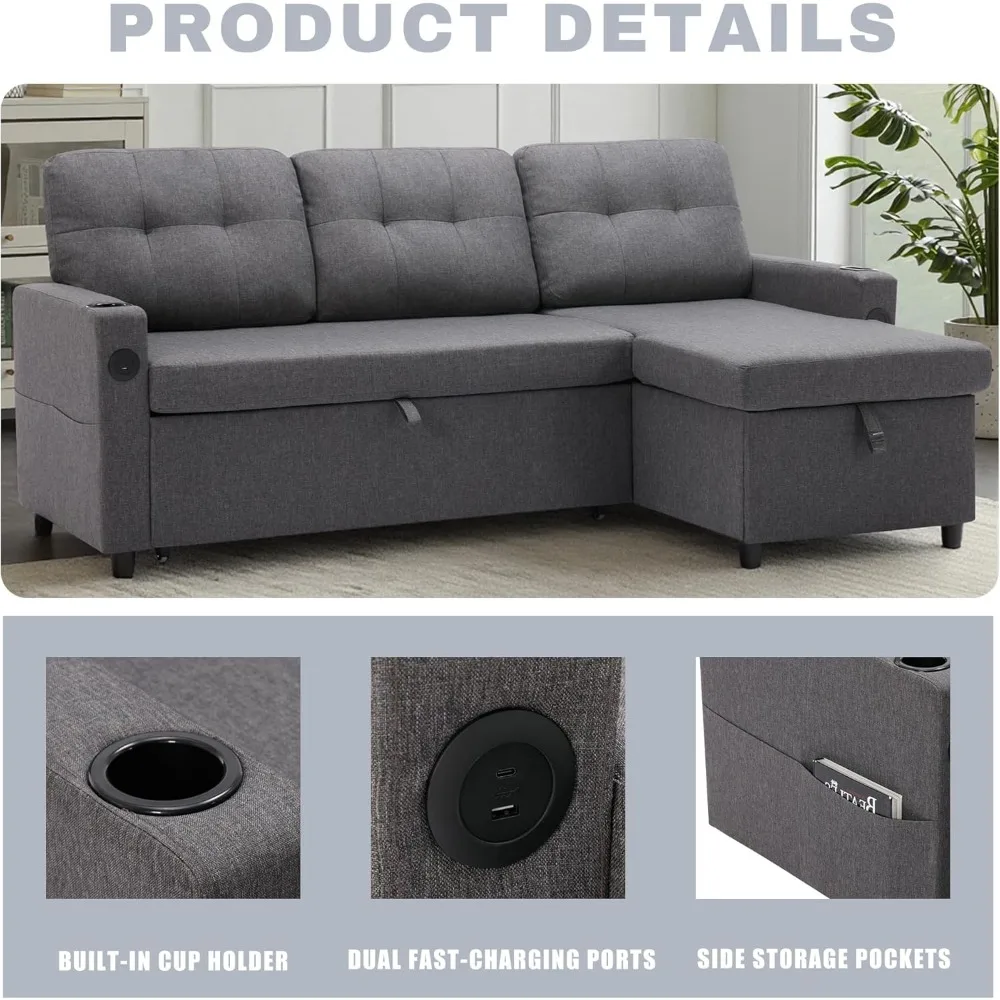 أريكة نوم حديثة على شكل حرف L مع سرير قابل للسحب، وأريكة منجدة، ومنفذ USB، وجيوب جانبية لراحة غرفة المعيشة